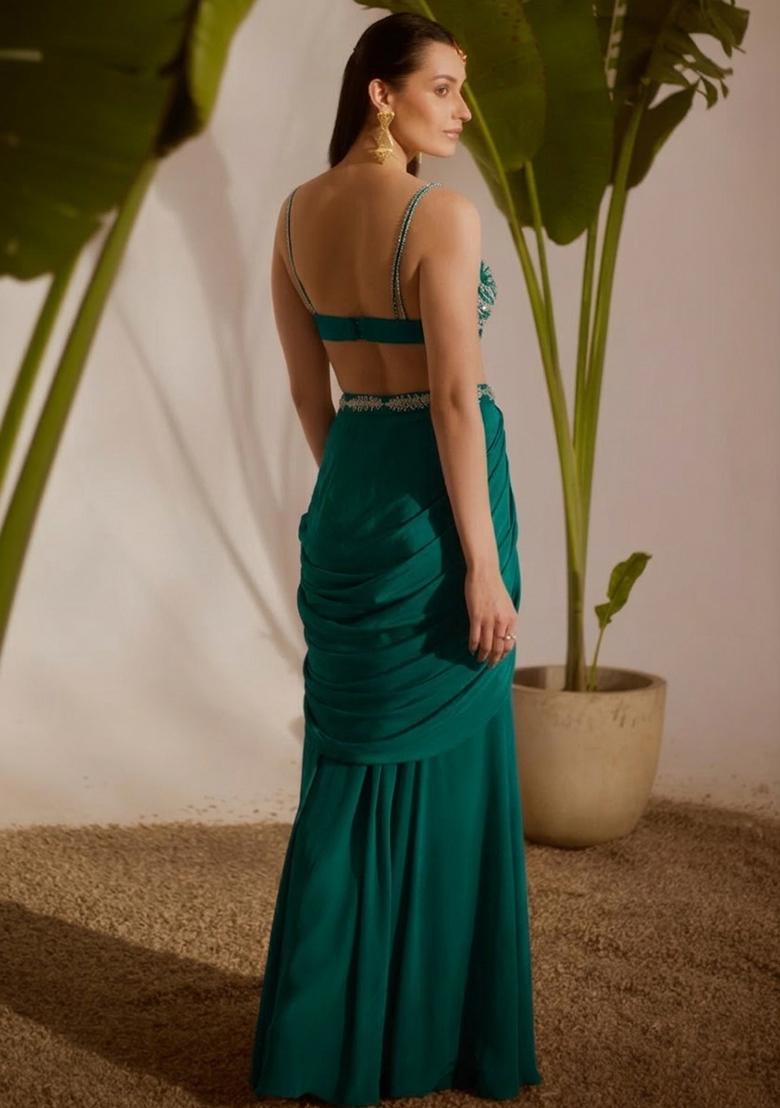 Teal Green Crepe Handwork Fusion Set - Indya