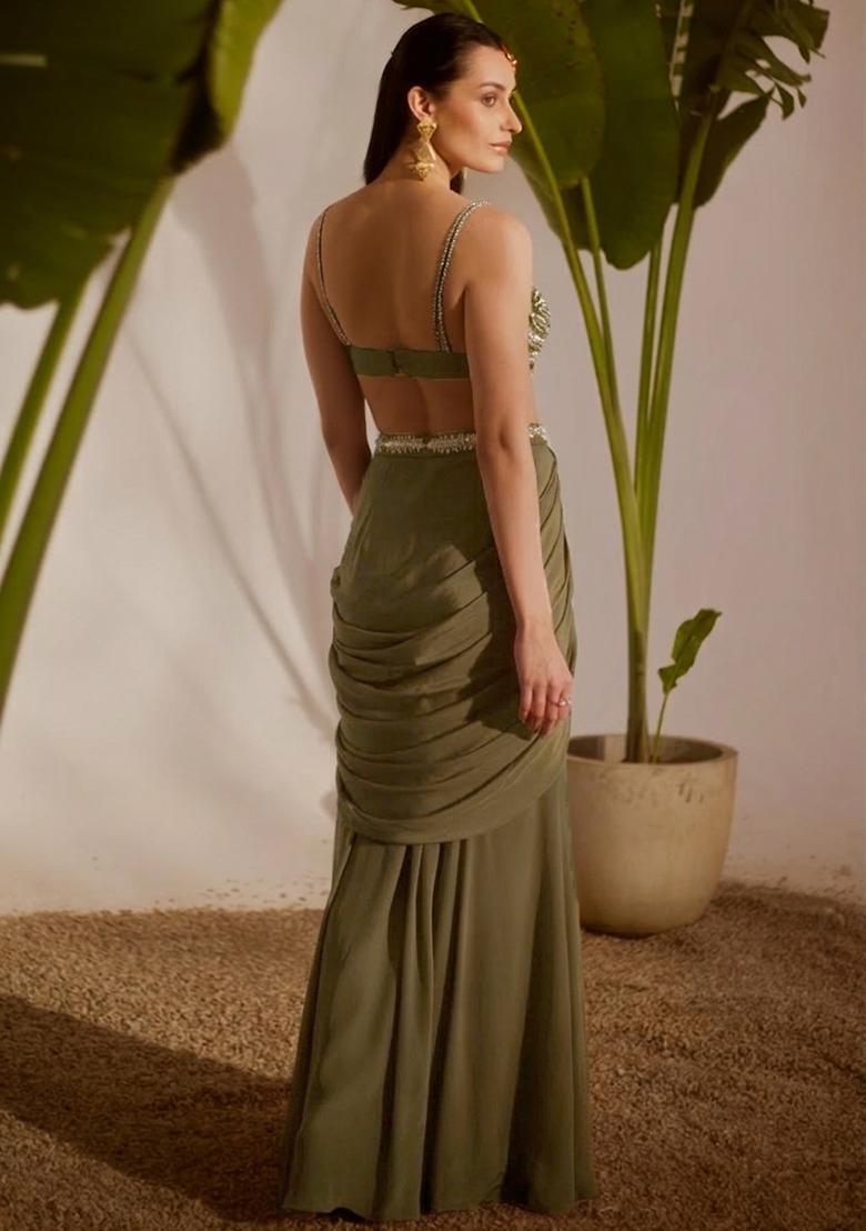 Olive Green Crepe Handwork Fusion Set - Indya