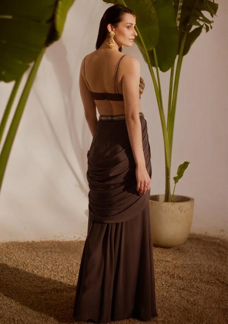 Brown Crepe Handwork Fusion Set - Indya
