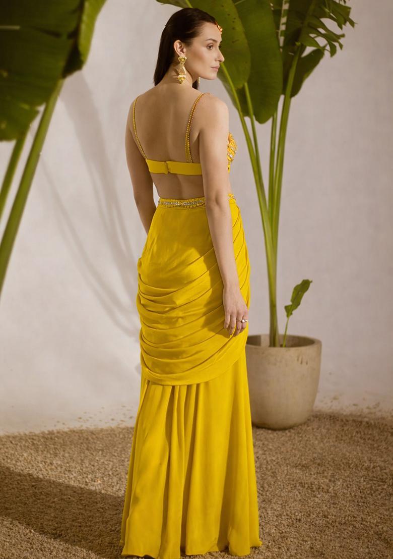 Yellow Crepe Handwork Fusion Set - Indya