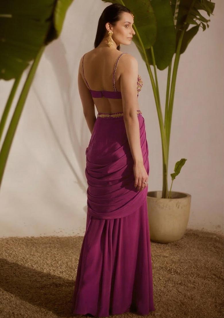 Rani Pink Crepe Handwork Fusion Set - Indya