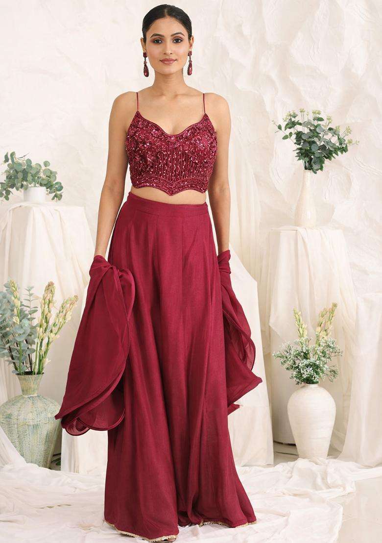 Maroon Crepe Handwork Fusion Set - Indya