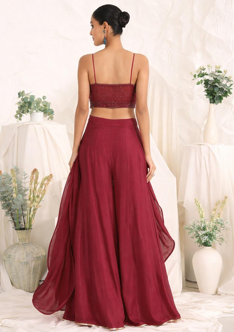 Maroon Crepe Handwork Fusion Set - Indya
