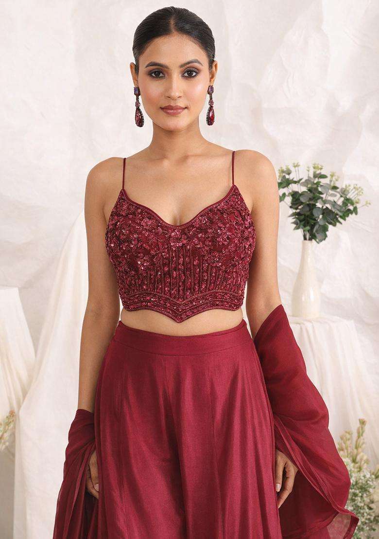 Maroon Crepe Handwork Fusion Set - Indya