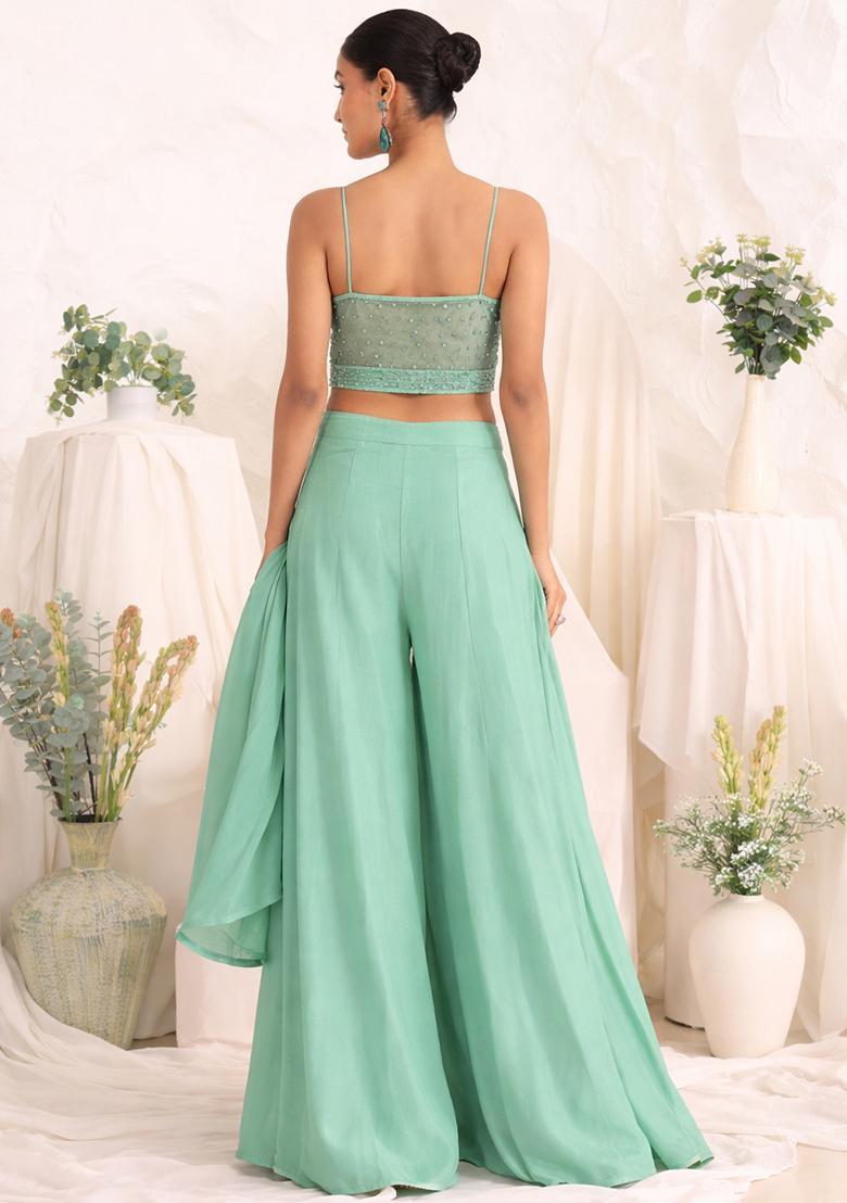 Sea Green Crepe Handwork Fusion Set - Indya