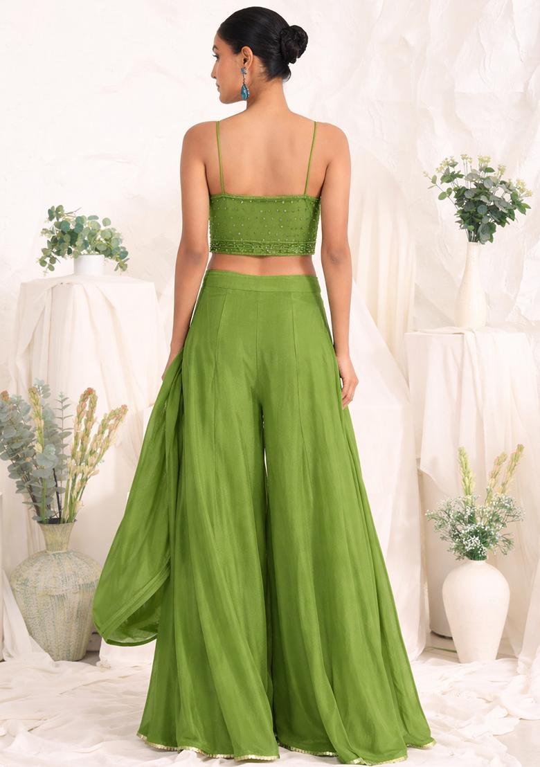 Olive Green Crepe Handwork Fusion Set - Indya