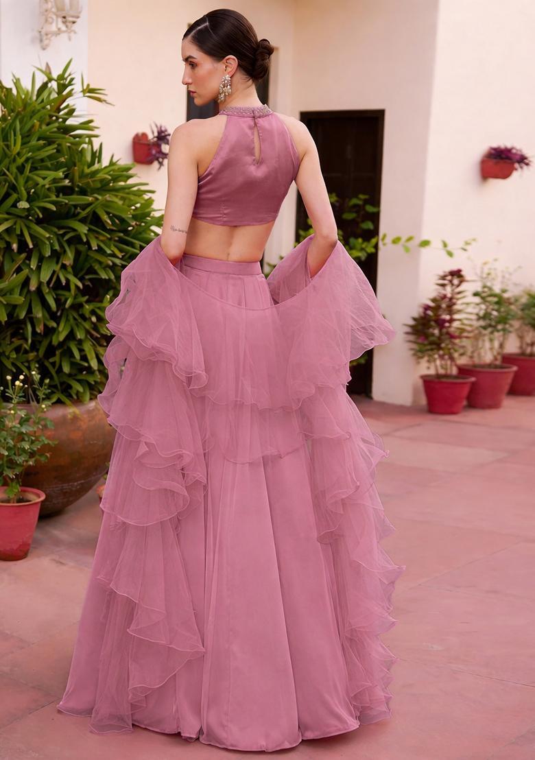 Pink Satin Handwork Lehenga Set - Indya