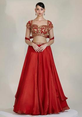 Bright Red Fandi Silk Blend Handwork Lehenga Set