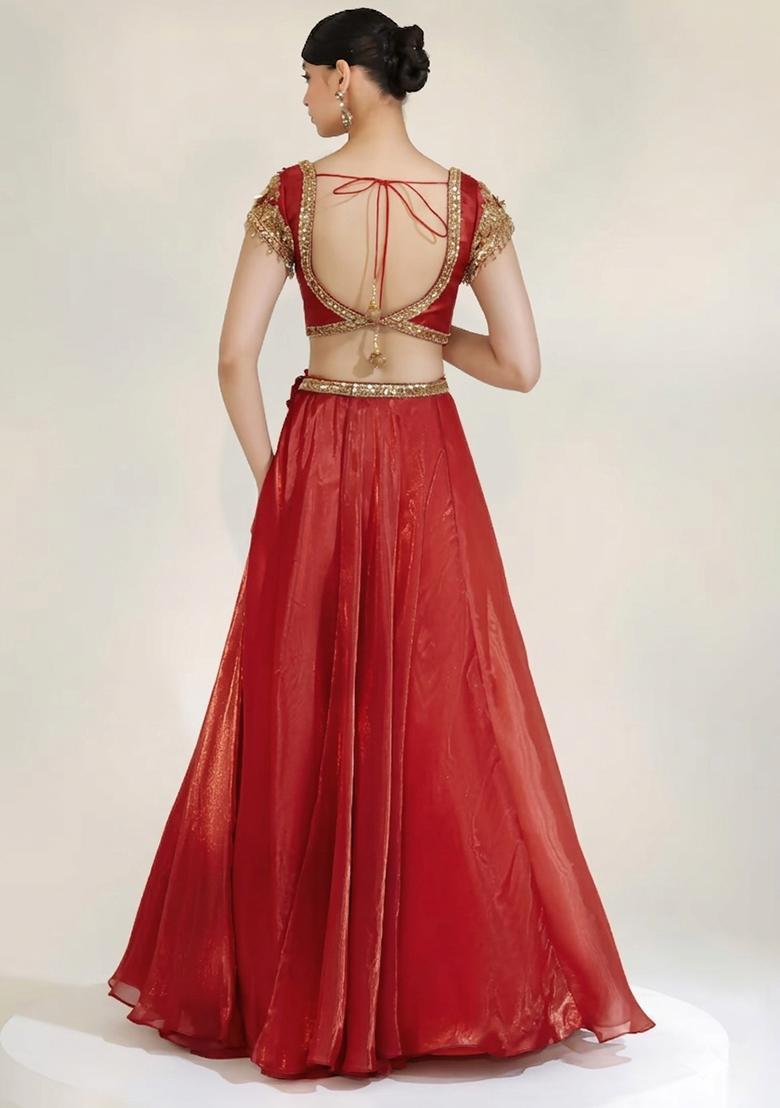 Bright Red Fandi Silk Blend Handwork Lehenga Set - Indya