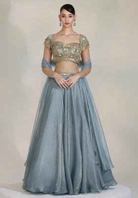 Dusty Blue Fandi Silk Blend Handwork Lehenga Set