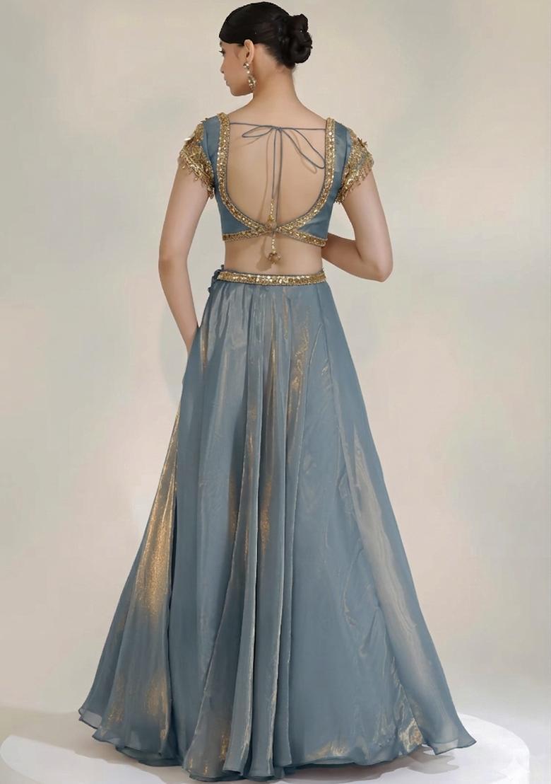 Dusty Blue Fandi Silk Blend Handwork Lehenga Set - Indya