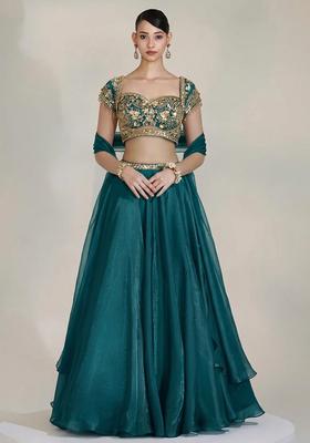 Teal Green Fandi Silk Blend Handwork Lehenga Set