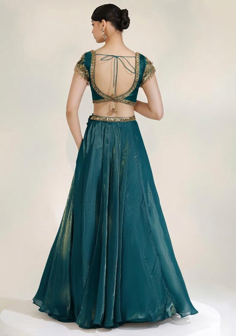 Teal Green Fandi Silk Blend Handwork Lehenga Set - Indya