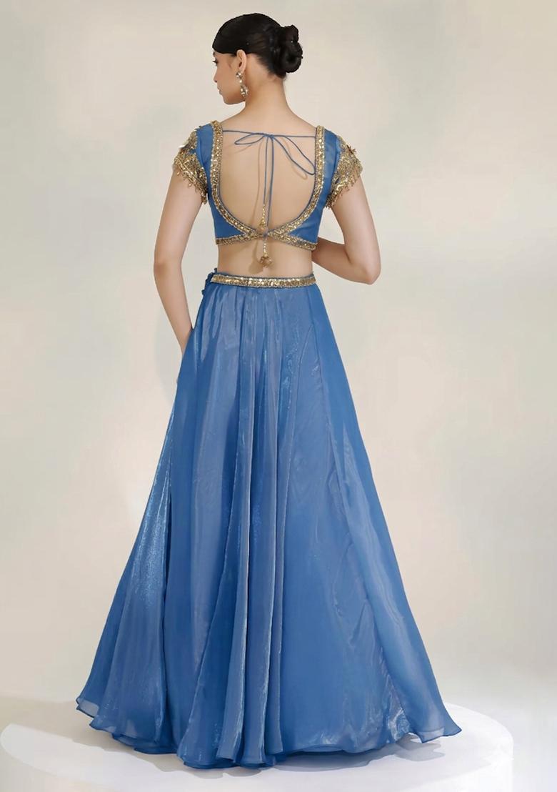 Steel Blue Fandi Silk Blend Handwork Lehenga Set - Indya