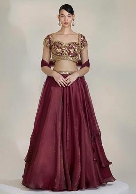 Wine Fandi Silk Blend Handwork Lehenga Set