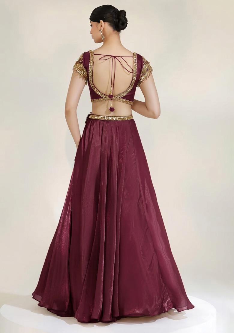 Wine Fandi Silk Blend Handwork Lehenga Set - Indya