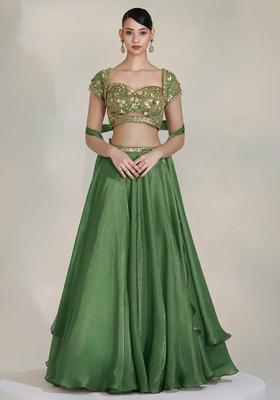 Olive Green Fandi Silk Blend Handwork Lehenga Set