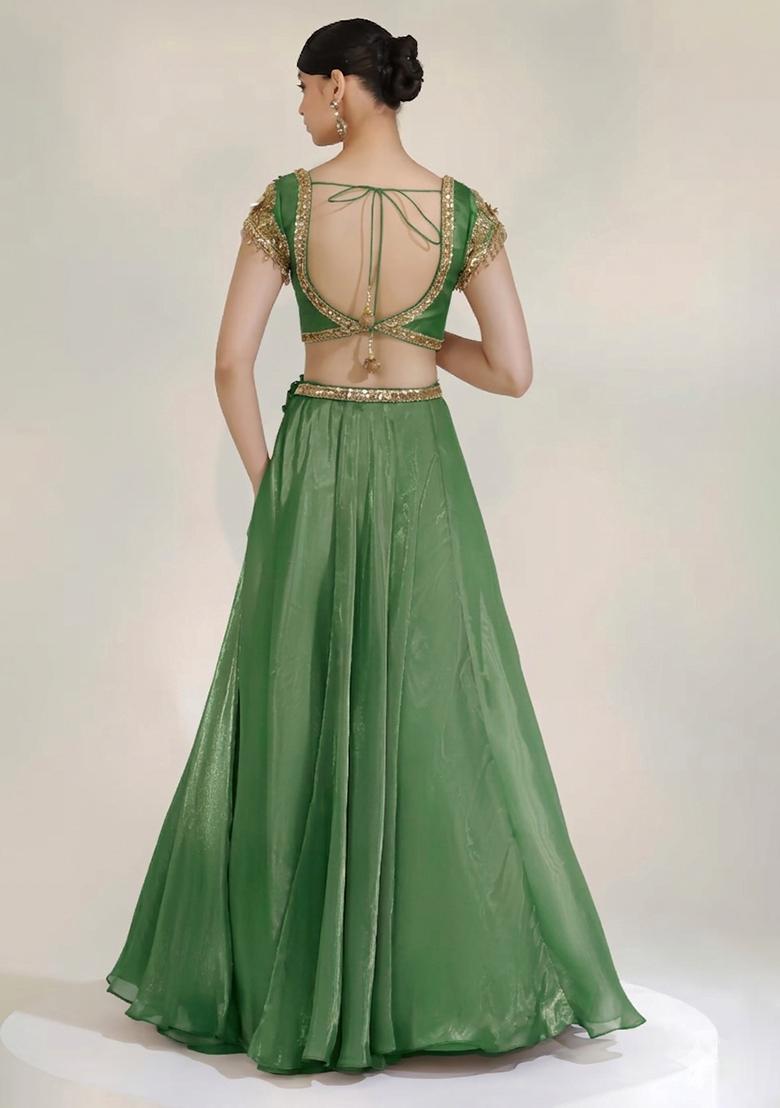 Olive Green Fandi Silk Blend Handwork Lehenga Set - Indya