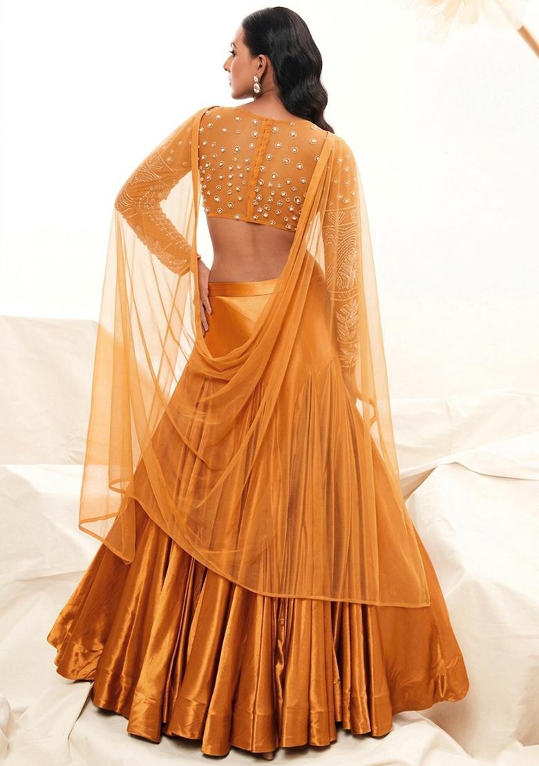 Mustard Orange Satin Handwork Lehenga Set - Indya