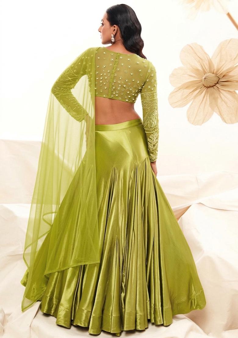 Lime Green Satin Handwork Lehenga Set - Indya