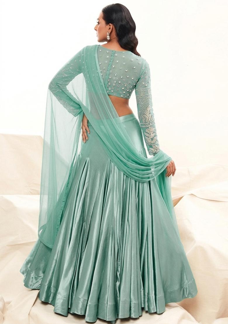 Teal Green Satin Handwork Lehenga Set - Indya