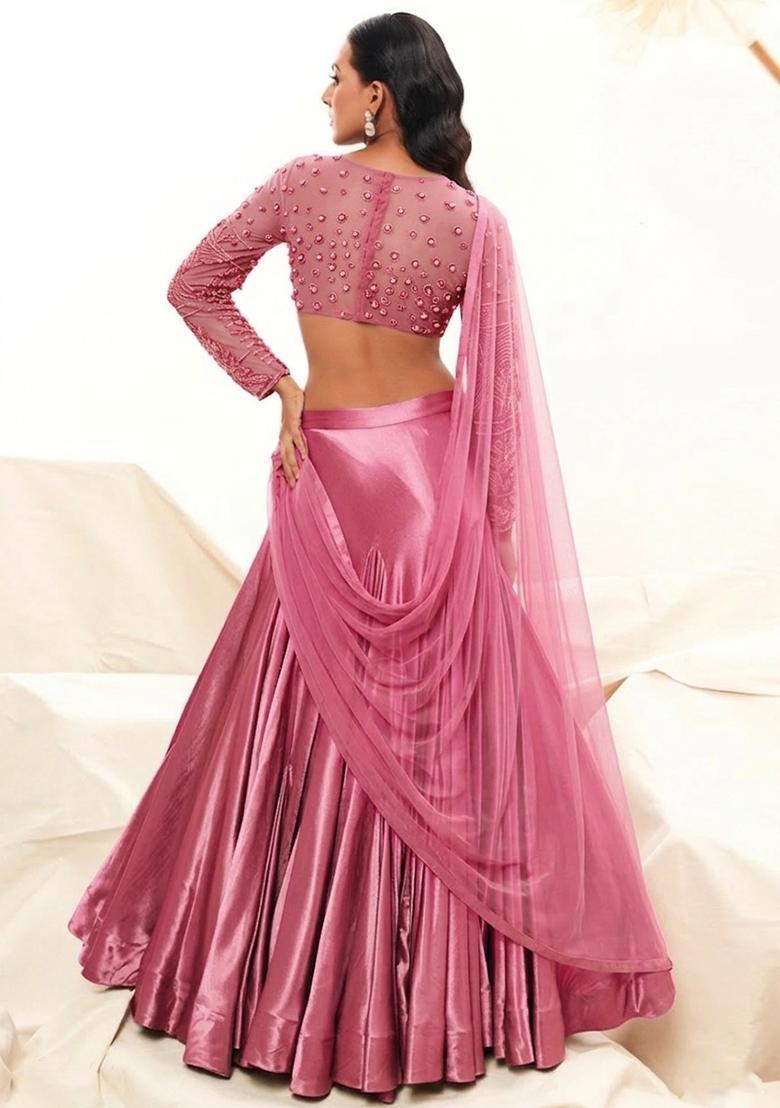 Pink Satin Handwork Lehenga Set - Indya
