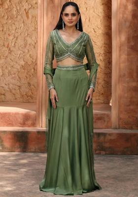 Olive Green Satin Handwork Lehenga Set
