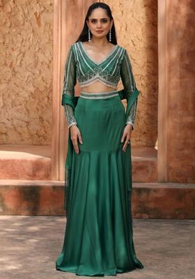 Forest Green Satin Handwork Lehenga Set