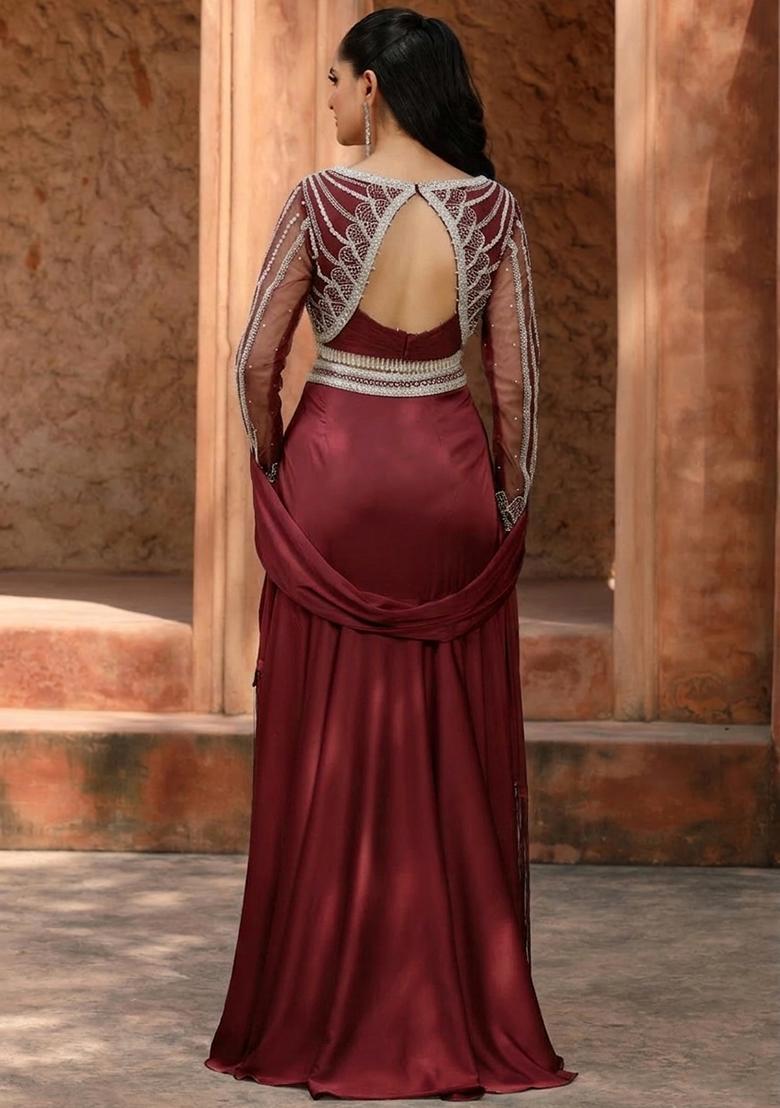 Burgundy Satin Handwork Lehenga Set - Indya