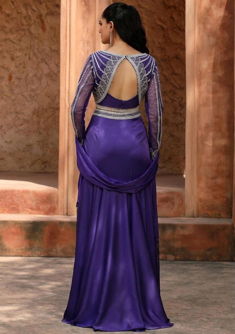 Purple Satin Handwork Lehenga Set - Indya