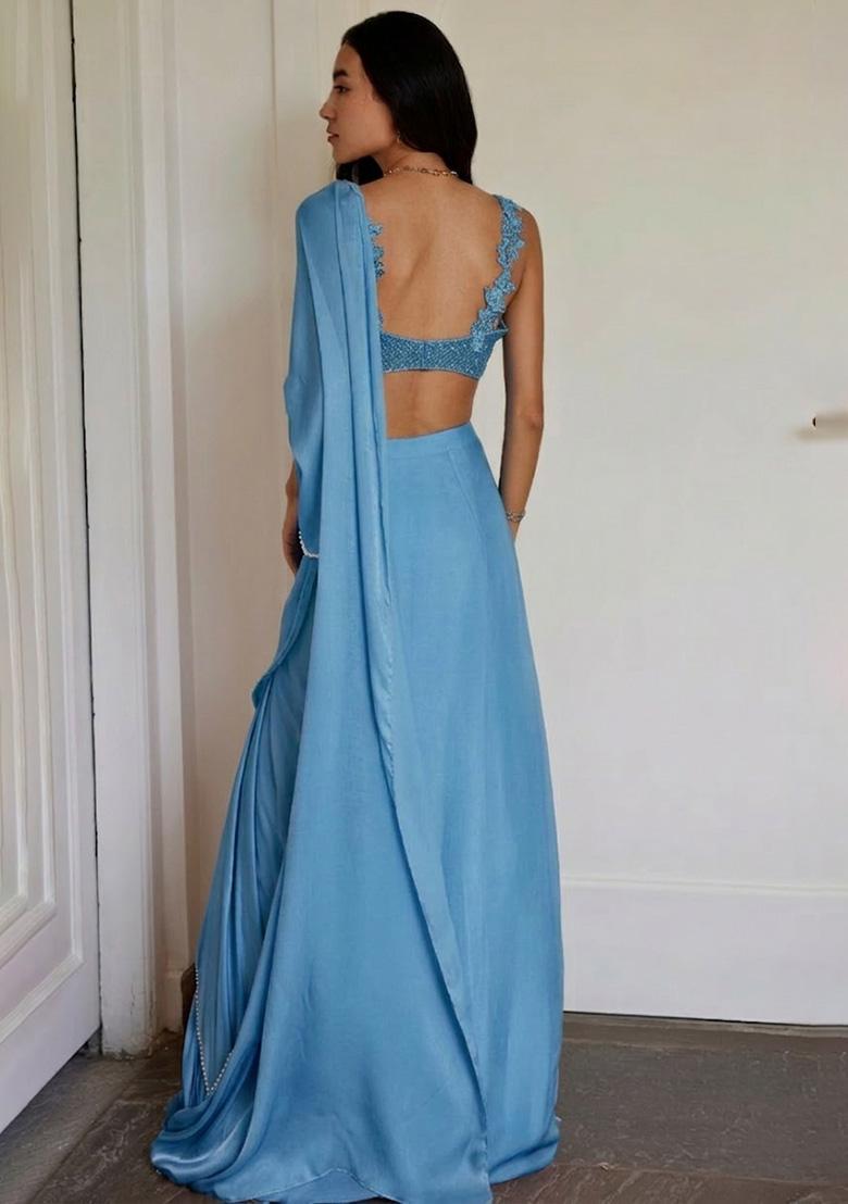 Powder Blue Crepe Handwork Lehenga Set - Indya