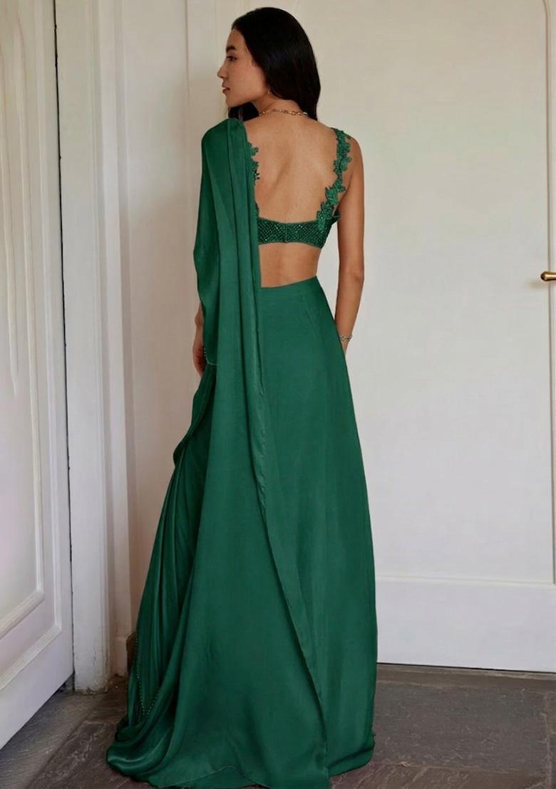 Bottle Green Crepe Handwork Lehenga Set - Indya