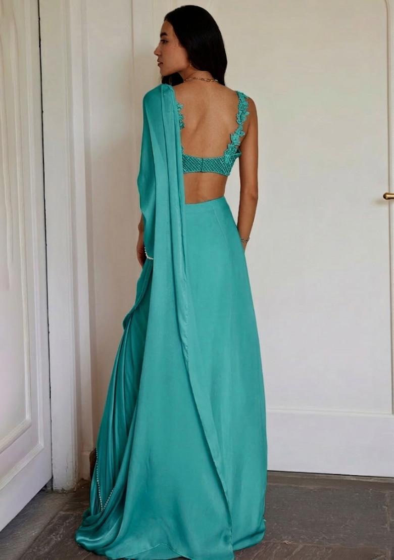 Turquoise Blue Crepe Handwork Lehenga Set - Indya