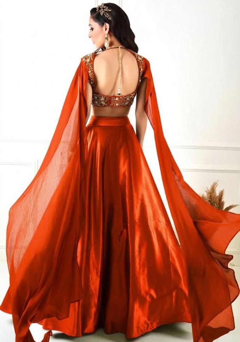 Orange Organza Handwork Lehenga Set - Indya
