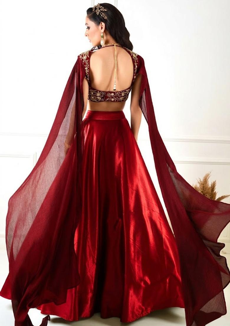 Red Organza Handwork Lehenga Set - Indya