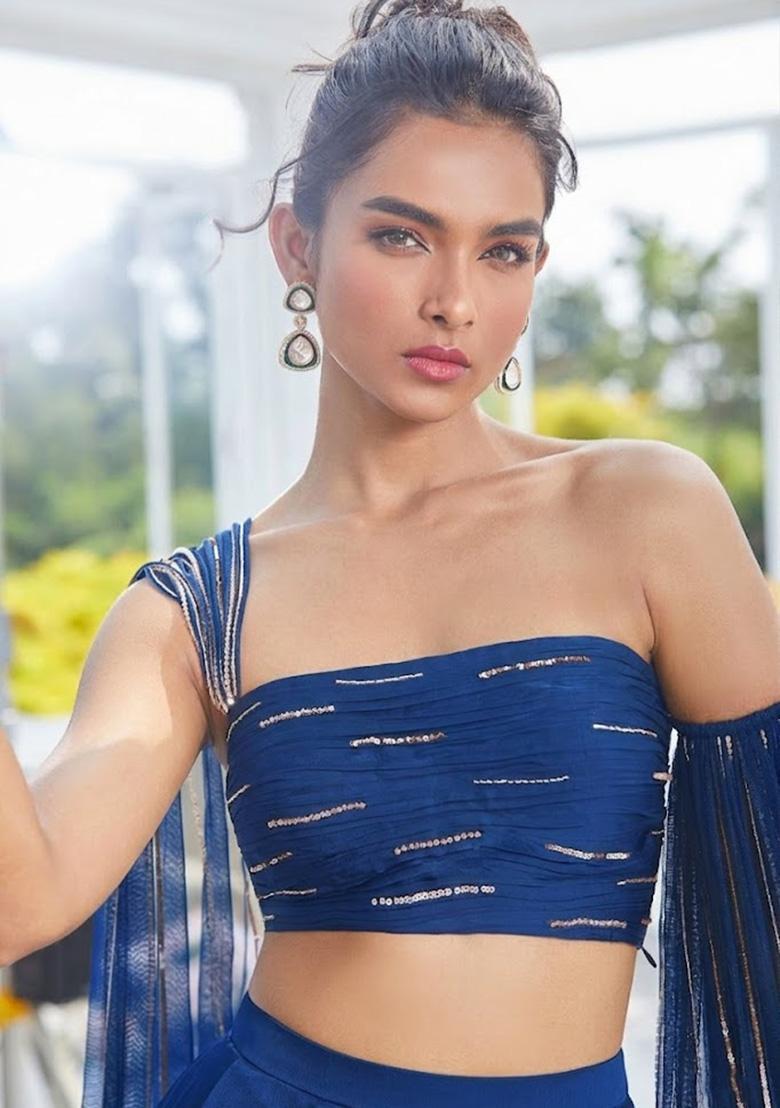Royal Blue Crepe Handwork Lehenga Set - Indya