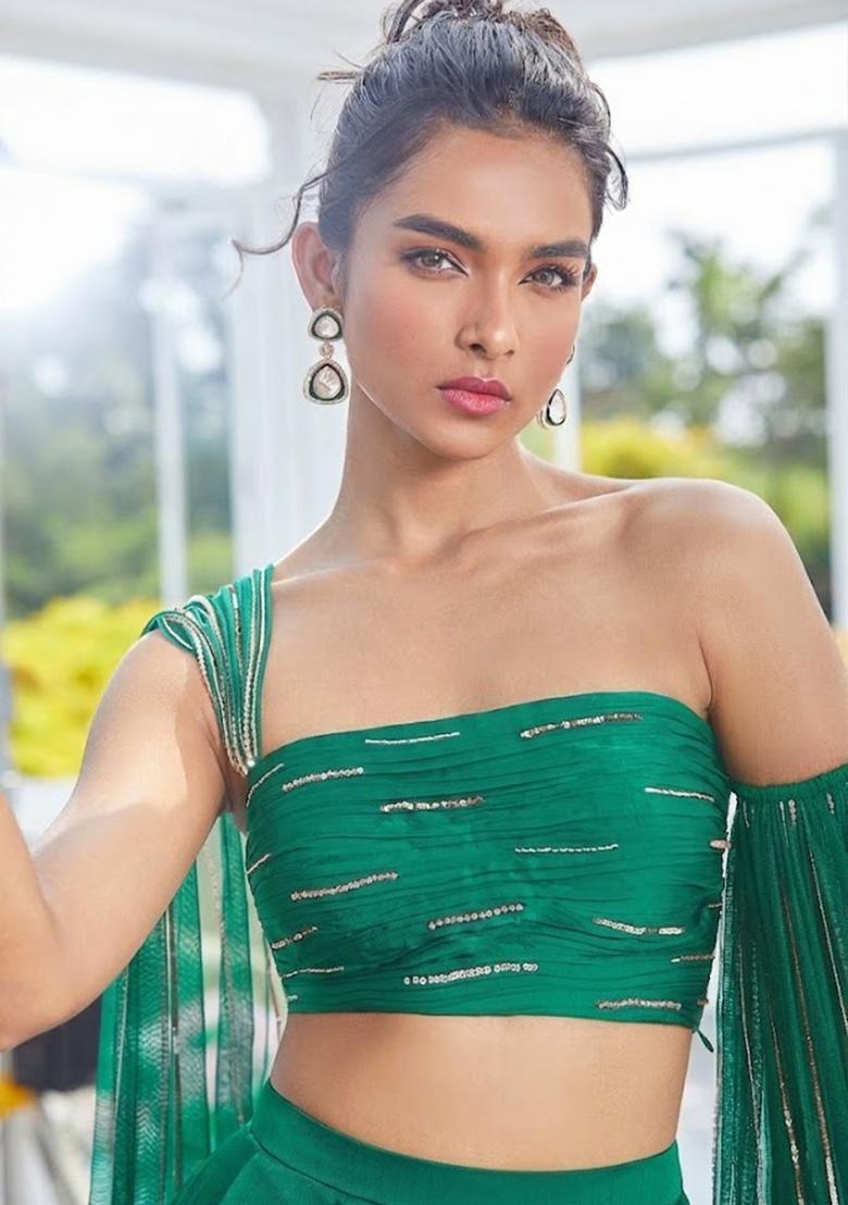 Bottle Green Crepe Handwork Lehenga Set - Indya