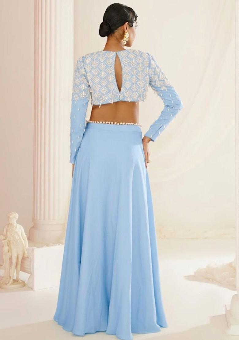 Sky Blue Crepe Handwork Lehenga Set - Indya