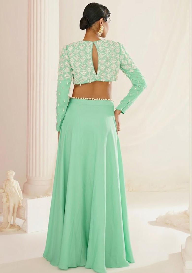 Mint Green Crepe Handwork Lehenga Set - Indya