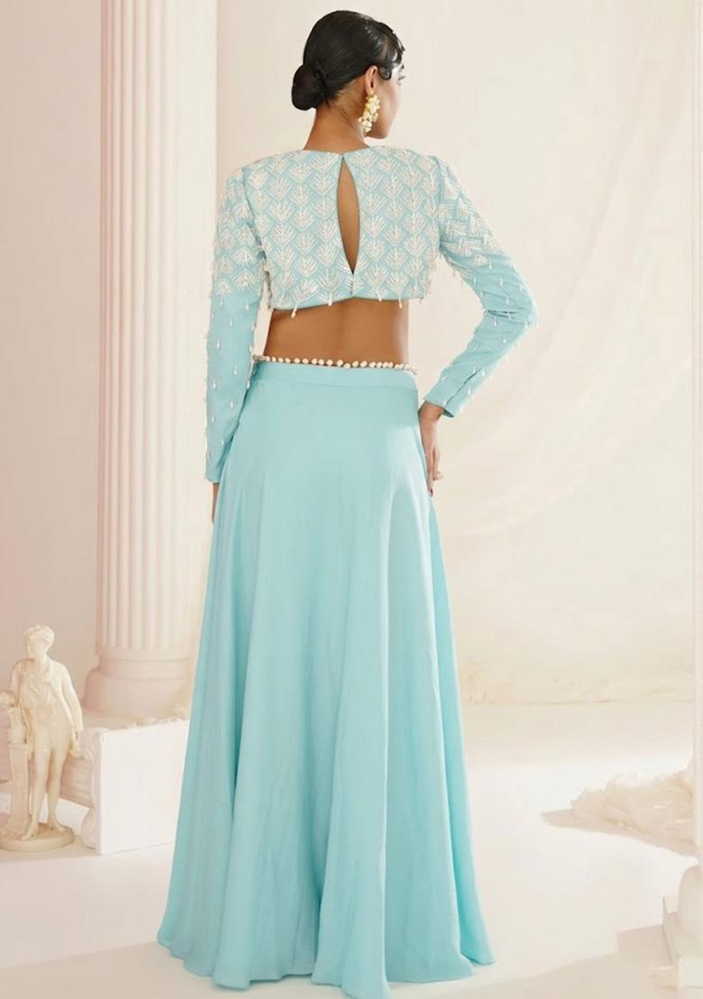 Mint Green Crepe Handwork Lehenga Set - Indya