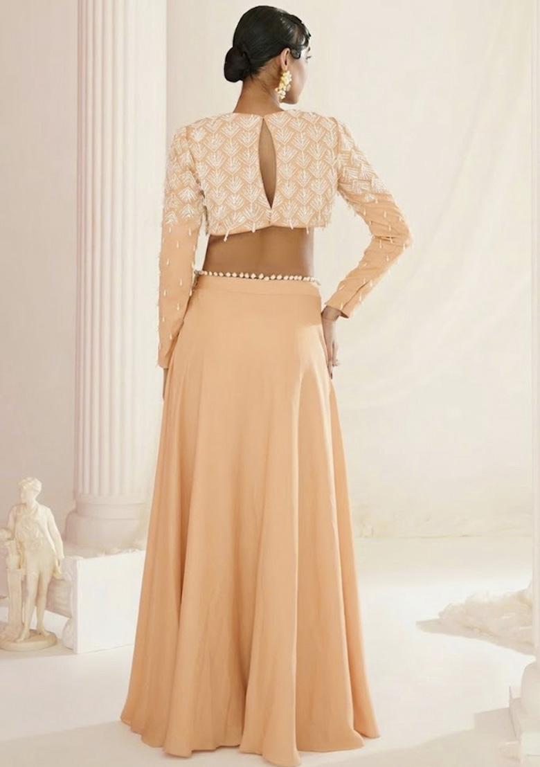Peach Crepe Handwork Lehenga Set - Indya