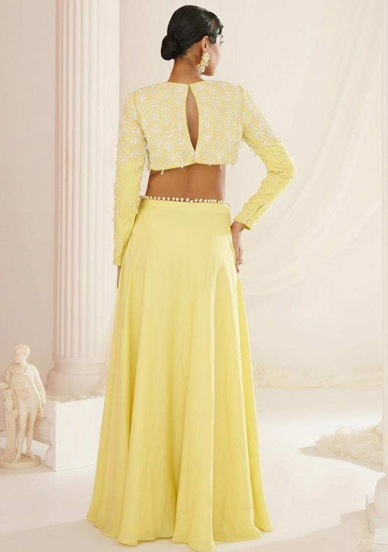 Pastel Yellow Crepe Handwork Lehenga Set - Indya