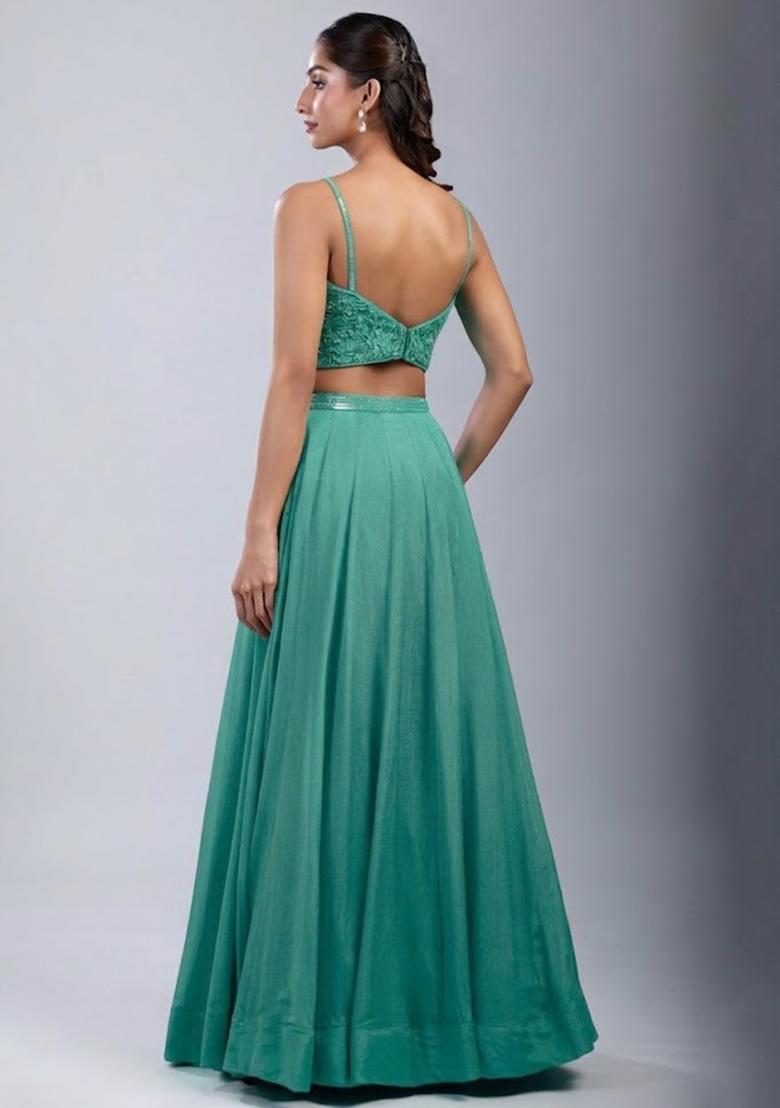 Teal Green Chinon Handwork Lehenga Set - Indya