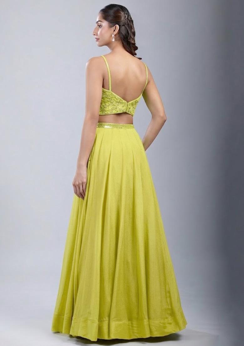 Lemon Yellow Chinon Handwork Lehenga Set - Indya