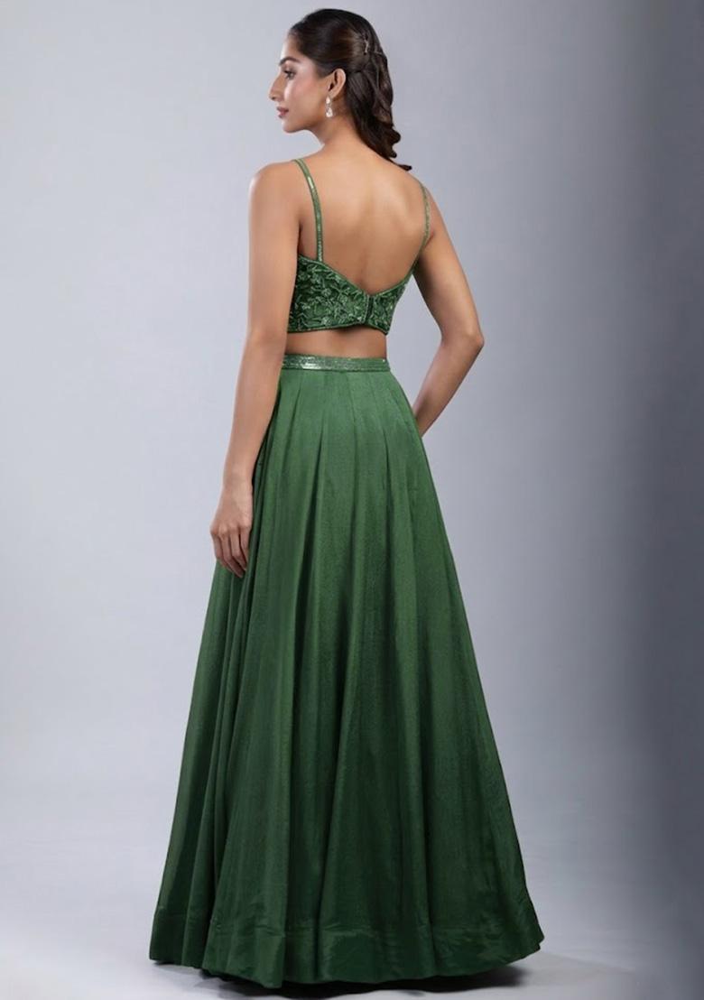 Forest Green Chinon Handwork Lehenga Set - Indya