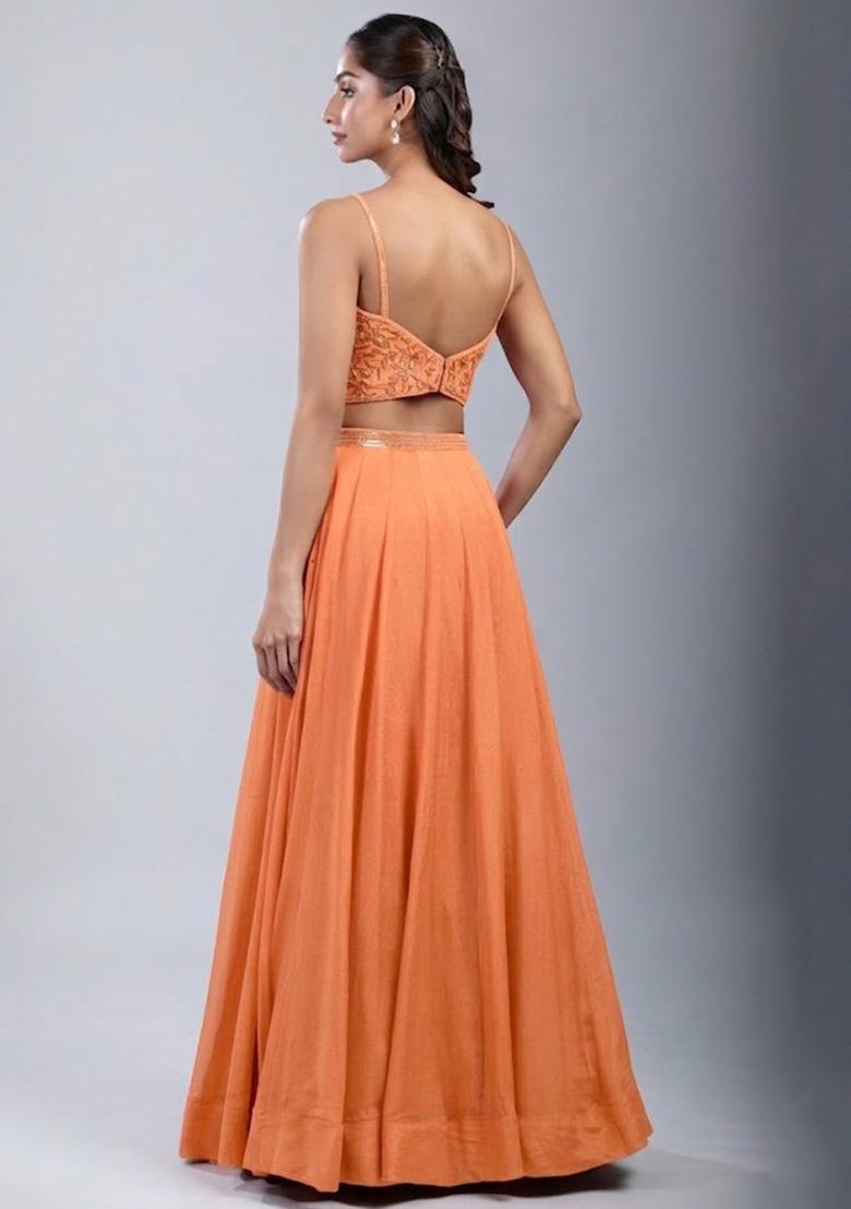 Peach Chinon Handwork Lehenga Set - Indya