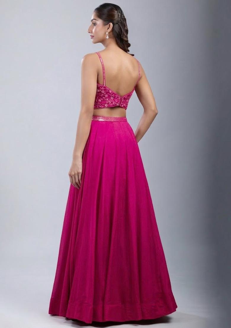 Hot Pink Chinon Handwork Lehenga Set - Indya