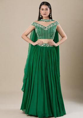 Emerald Green Chinon Handwork Lehenga Set