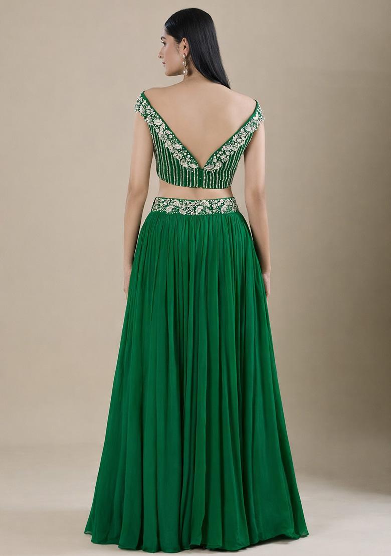Emerald Green Chinon Handwork Lehenga Set - Indya