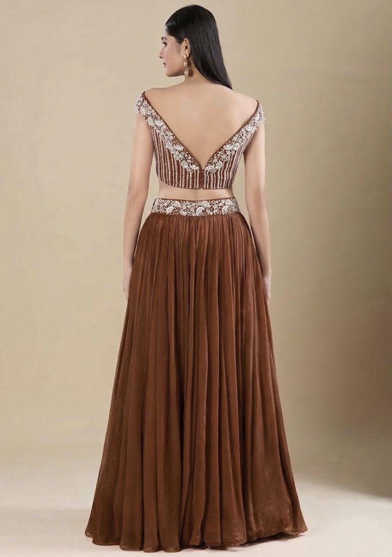 Brown Chinon Handwork Lehenga Set - Indya
